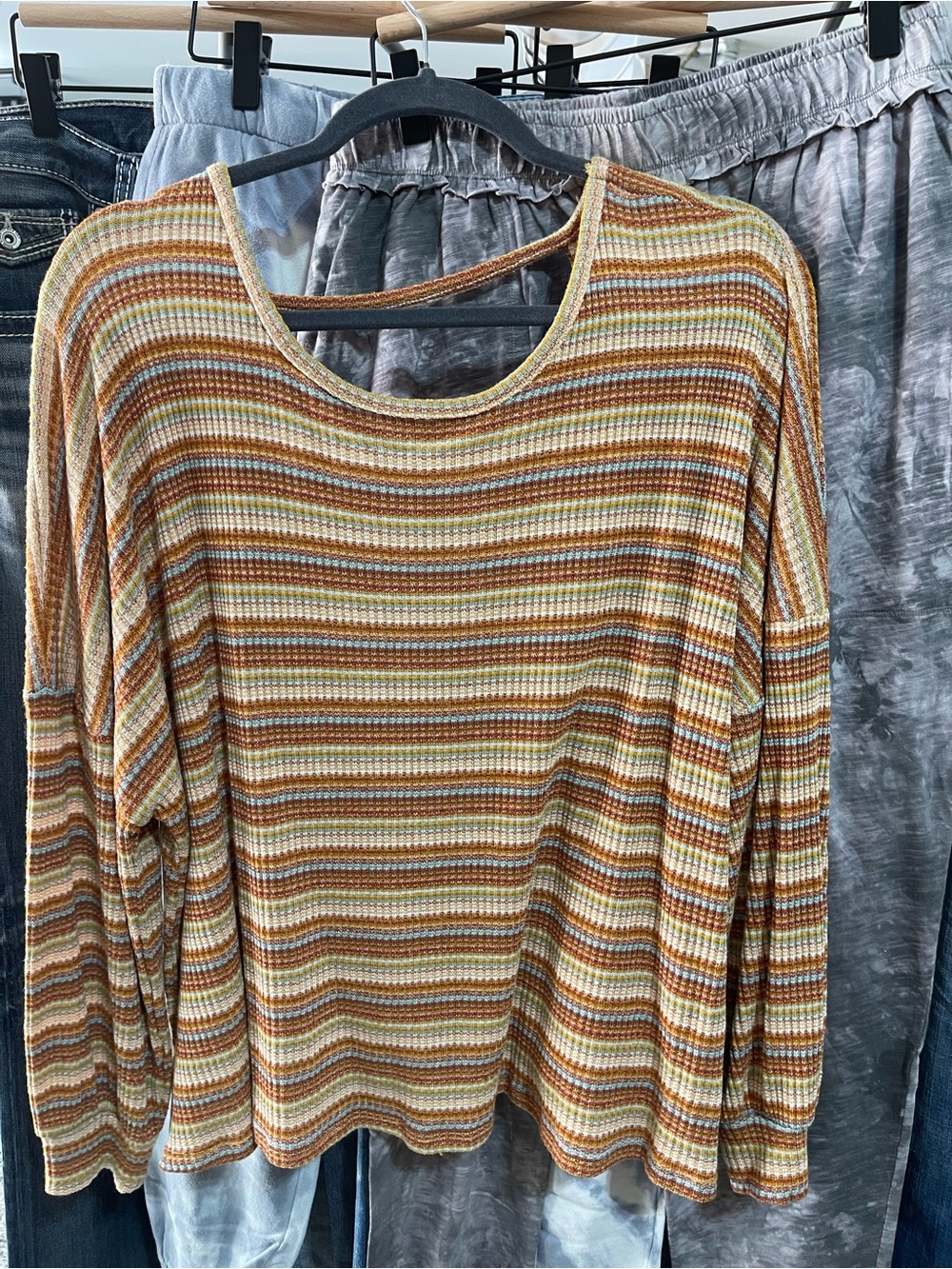 BKE Striped Ribbed Long-Sleeve Top - Brown, Cream, Gold